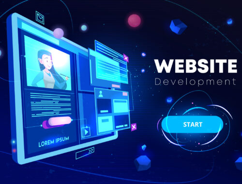 Website development banner, computer technology, monitor with open browser page and woman profile on screen, futuristic background in neon glowing colors. Cartoon vector illustration, landing page